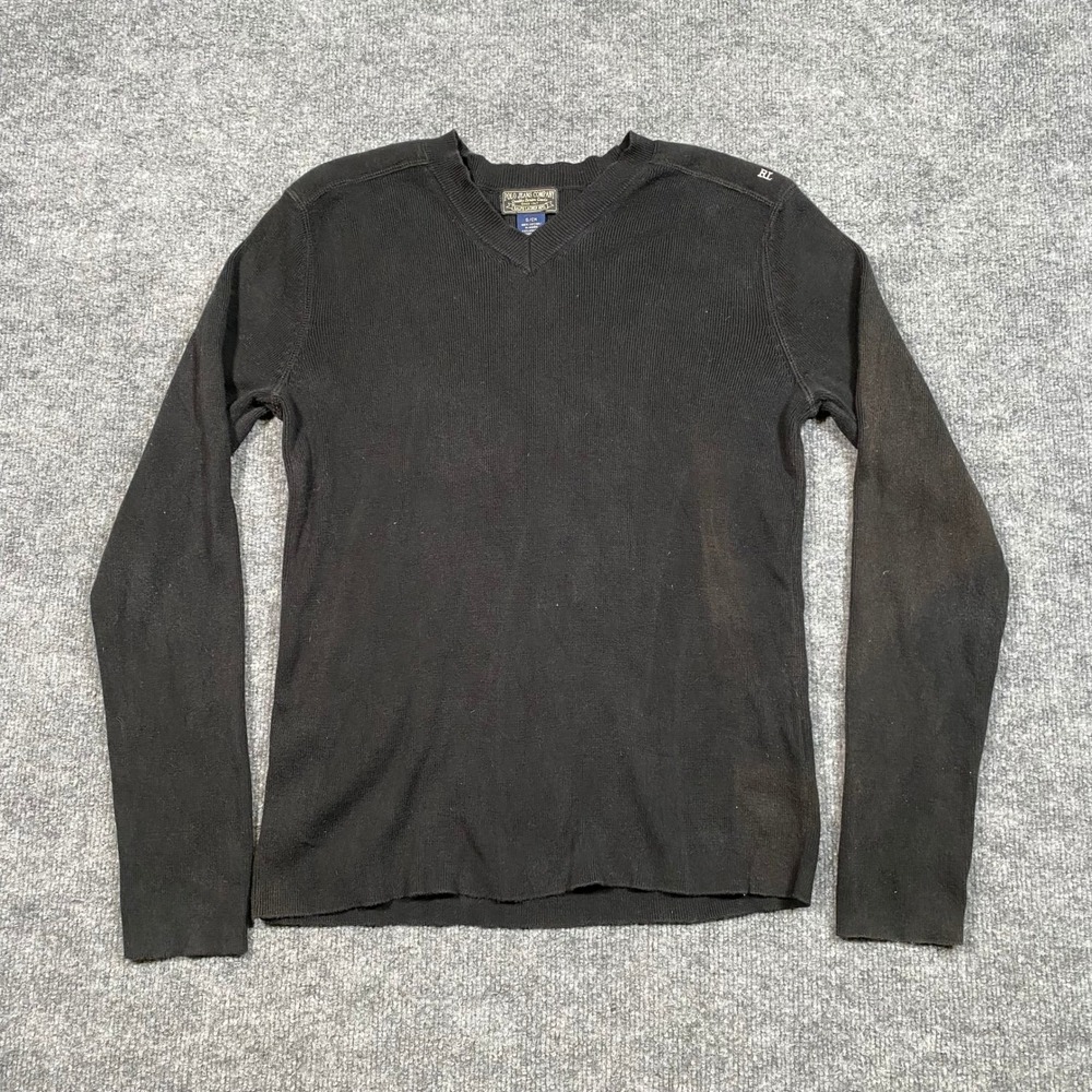 Polo Jeans Co Ralph Lauren Mens Black Ribbed V-Neck Cotton Sweater Small RL Logo